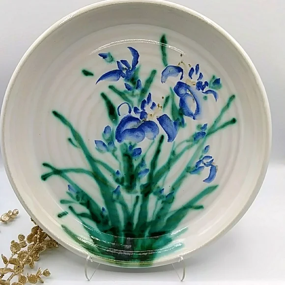 Ruthann Maze 14” Round Platter. Features her Purple Iris Design. Pottery. - Picture 4 of 11